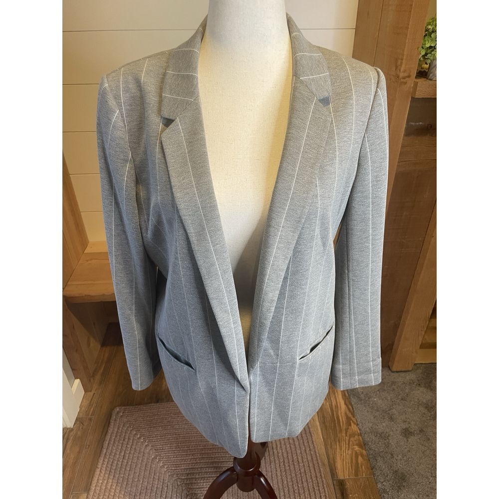 Calvin Klein Open Front Blazer Gray Pinstripe Stretch Lined Tailored Career W-14